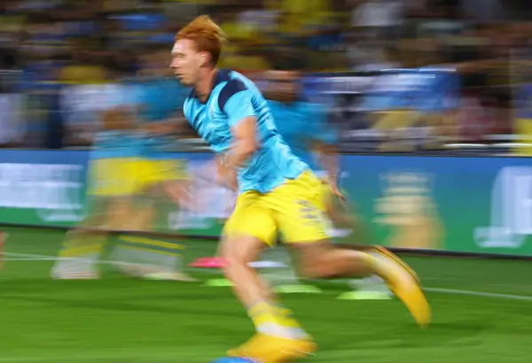 stock image Prague, Czechia - September 7, 2024: UEFA Nations League game Ukraine v Albania at Epet Arena in Prague. Yukhym Konoplia of Ukraine in action during warm-up session before the game. Photo panning effect