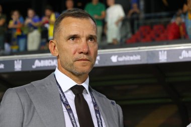 Prague, Czechia - September 7, 2024: President of the Ukrainian Association of Football, former famous footballer Andriy Shevchenko - VIP guest of the UEFA Nations League game Ukraine v Albania at Epet Arena in Prague clipart