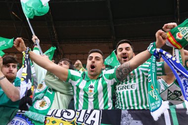 Wroclaw, Polonya - 28 Mayıs 2025: Gerçek Betis taraftarları Wroclaw, Polonya 'da Chelsea' ye karşı oynanan UEFA Konferans Ligi final maçında desteklerini gösterdiler
