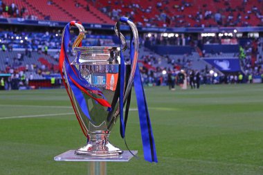 Münih, Almanya - 31 Mayıs 2025: UEFA Şampiyonlar Ligi Kupası (Kupa), Almanya 'nın Münih kentindeki Münih arenasında oynanan UCL final maçı öncesinde Paris Saint-Germain v Inter' i sunar.