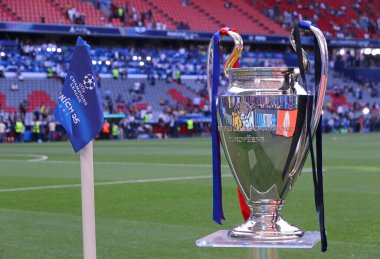 Münih, Almanya - 31 Mayıs 2025: UEFA Şampiyonlar Ligi Kupası (Kupa), Almanya 'nın Münih kentindeki Münih arenasında oynanan UCL final maçı öncesinde Paris Saint-Germain v Inter' i sunar.