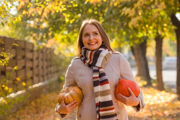 Portrait Happy Smile Woman Pumpkins Hand Cozy Autumn Vibes Halloween — Zdjęcie stockowe