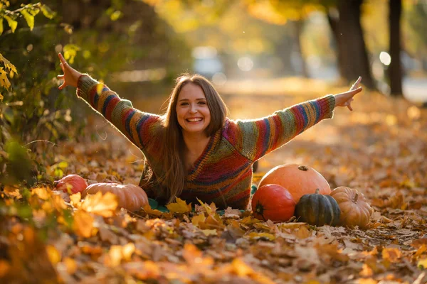 Happy Woman Pumpkins Lying Yellow Leaves Cozy Autumn Vibes Halloween — Foto Stock