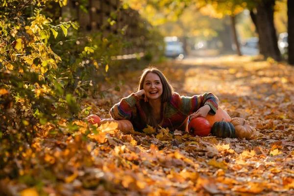 Happy Woman Pumpkins Lying Yellow Leaves Cozy Autumn Vibes Halloween — Zdjęcie stockowe