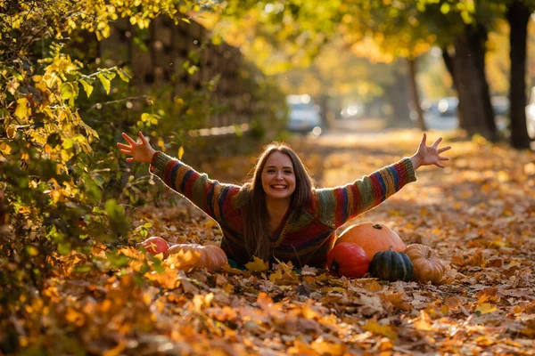 Happy Woman Pumpkins Lying Yellow Leaves Cozy Autumn Vibes Halloween — Stock fotografie