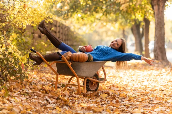 女性は楽しみを持っています カボチャと庭のホイールバローに横たわっています 感謝祭のお祝い — ストック写真