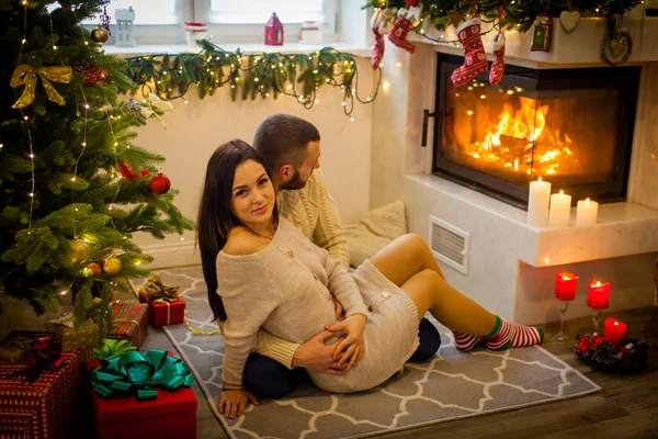 Loving Couple Fireplace Home Winter Hugging Close — Stock Photo, Image