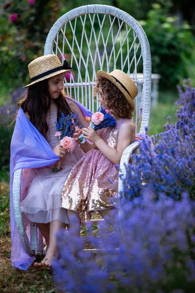 Romantic Portrait Charming Sisters Straw Hats Lavender Bushes — Stock Photo, Image