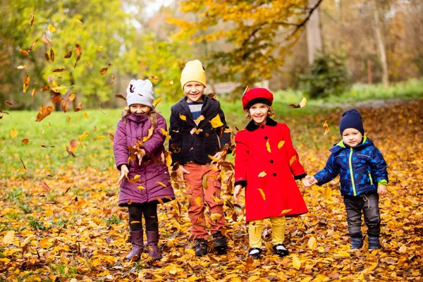 友人のグループが美しい秋の公園で一緒に遊ぶ ストックフォト