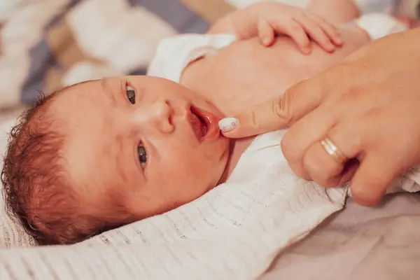 stock image The examination of newborn baby mouth, short frenulum of the tongue