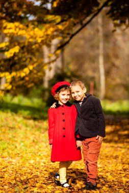 Arkadaşlar güzel sonbahar parkında birlikte oynarlar.