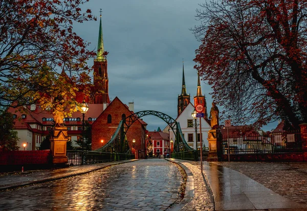 Brug Naar Tumski Eiland Nachts Wroclaw Polen — Stockfoto