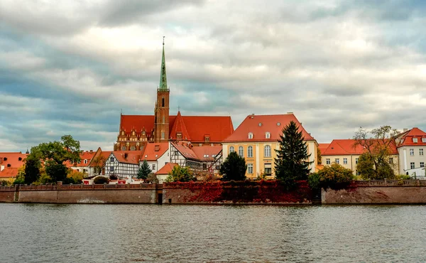 Wroclaw Poland View Tumski Island Cathedral John Baptist Bridge River — Stock Photo, Image
