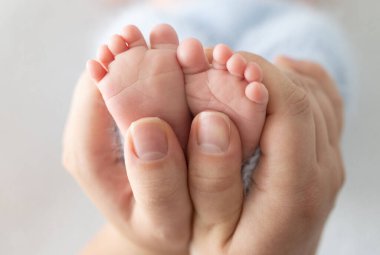 Parent hands holding tiny feet of newborn baby child. Infant kid legs and mother care love closeup portrait