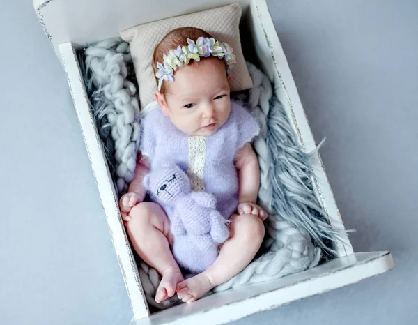 Newborn Baby Girl Wearing Knitted Costume Wreath Holding Soft Kitty — Photo