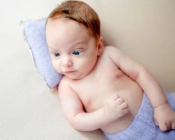 Newborn Baby Boy Wearing Knitted Pants Lying Knitted Pillow Cute — Stock Fotó