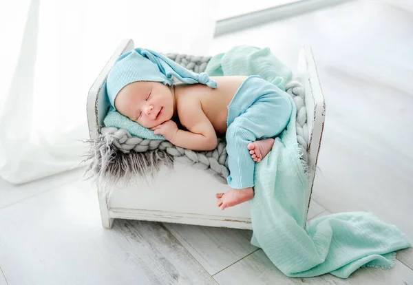 Newborn Baby Child Sleeping Tiny Bed His Tommy Wearing Knitted — Stok fotoğraf