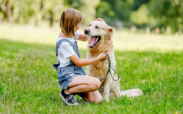 Preteen Girl Golden Retriever Dog Sitting Meadow Park Summer Cute — Fotografia de Stock