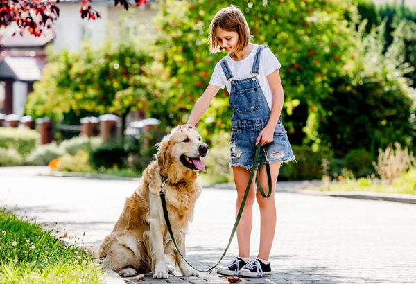 Preteen Girl Golden Retriever Dog Walking Beautiful Park Summer Cute — Stok Foto