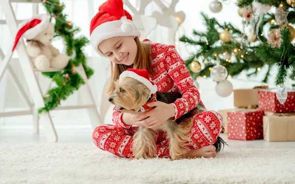 Niña Perro Vistiendo Sombreros Rojos Papá Noel Navidad Juntos Niño —  Fotos de Stock