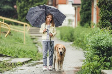Yağmurlu bir günde Golden Retriever köpeğiyle şehir parkında şemsiyeyle gezen genç bir kız. Labrador köpeği olan sevimli bir çocuk dışarıda fırtınalı havayla bekliyor.