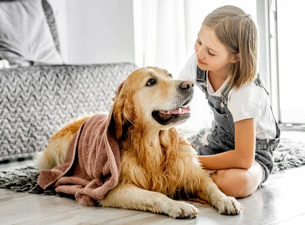 Preteen Girl Cares Golden Retriever Dog Cover Doggy Blanket Floor — Stok fotoğraf