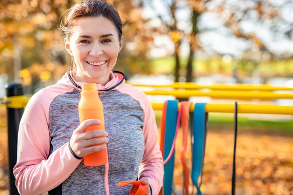 Fitness Girl Bottle Water Exercising Autumn Park Outdoors Young Woman — Stock Photo, Image