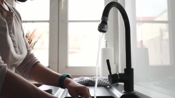 Person Mädchen Spült Geschirr Mit Wasser Der Spüle Der Küche — Stockvideo