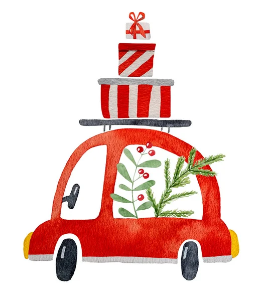 クリスマス車のポストカードプレゼントやクリスマスツリーの装飾と水彩画を描く 赤い車で新年のイラストやプレゼント — ストック写真