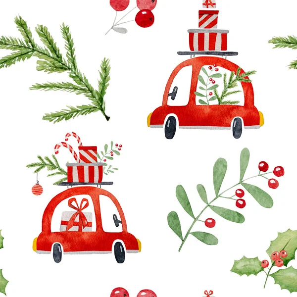 クリスマス車のポストカードプレゼントやクリスマスツリーの装飾と水彩画の図面 赤い車 ミステリーとプレゼント新年のイラスト — ストック写真
