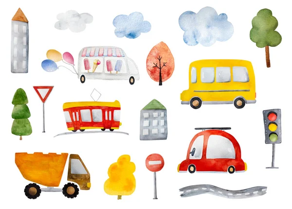 Cute watercolor vehicles paintings with school bus, red car and tram. Beautiful autumn drawings with automobile, truck and road signs