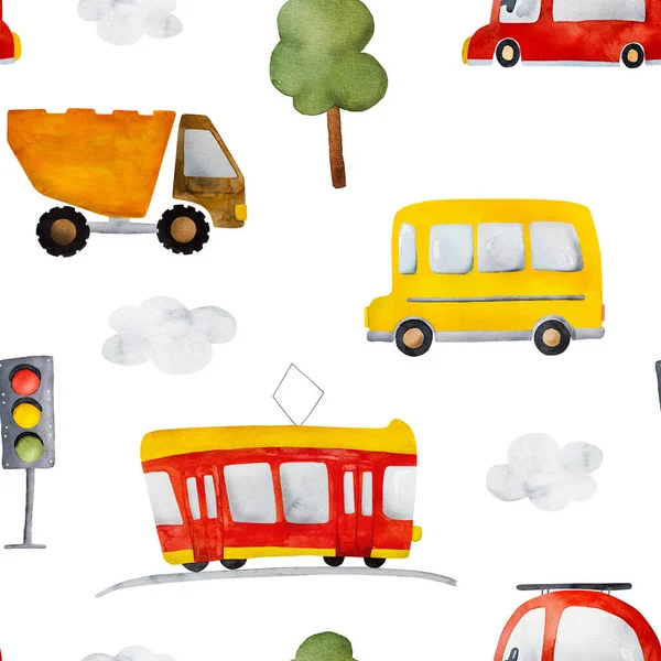 Cute watercolor vehicles paintings with school bus, red car and tram. Beautiful autumn drawings with automobile, truck and clouds