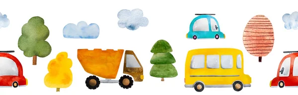 Cute watercolor vehicles paintings with school bus, truck and car. Beautiful autumn drawings with automobile, trees and clouds