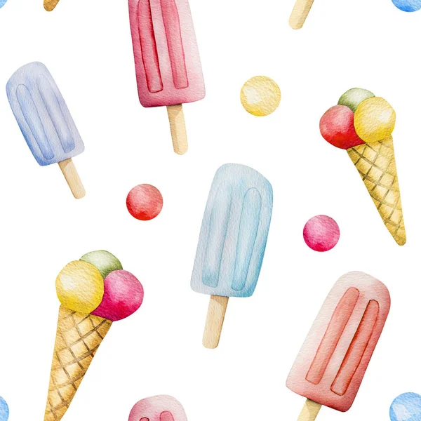 Pembe arka planda suluboya dondurma çizimleri. Çilekli ve waffle külahlı soğuk yaz tatlısı