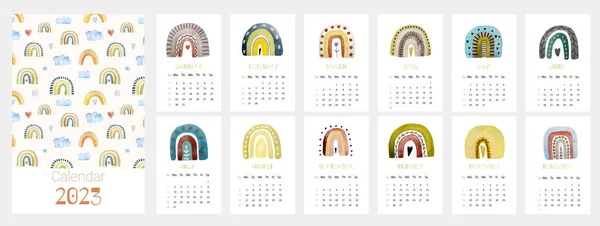 美しい虹の手描きの絵画と2023年の水彩カレンダー 毎年恒例のプランナーテンプレート — ストック写真