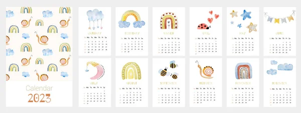 美しい虹 星や月の手描きの絵画と2023年の水彩カレンダー 毎年恒例のプランナーテンプレートとともにアクエラレのスネール バグや蜂のイラスト — ストック写真