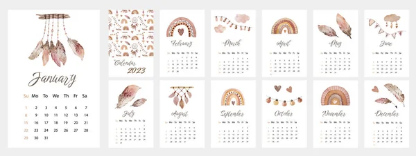 美しいBohoデザインの絵画と2023年のベクトルカレンダー 毎年恒例のプランナーテンプレート — ストックベクタ