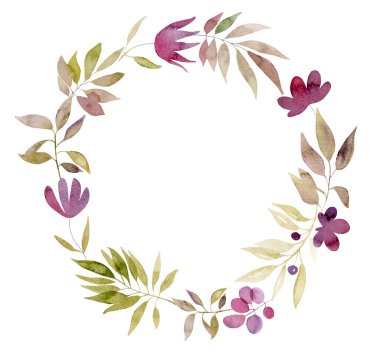 Suluboya botanik el yapımı çiçekler ve kopyalanmış çelenkler. Romantik ve düğün kartpostalları için Kova çiçeği çizimi