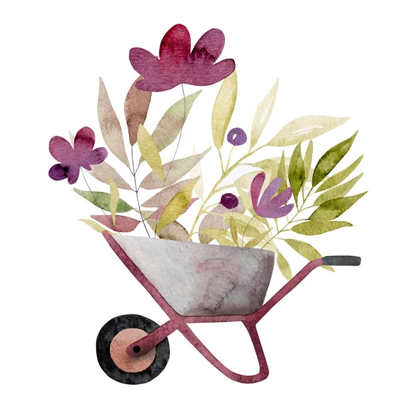 Akvarel Botanické Ilustrace Květinami Rostlinami Košíku Krásná Jarní Květinová Kresba — Stock fotografie