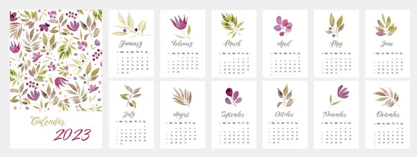 Akvarell Naptár 2023 Évre Gyönyörű Gyógynövények Virágok Növényi Festmények Éves — Stock Fotó
