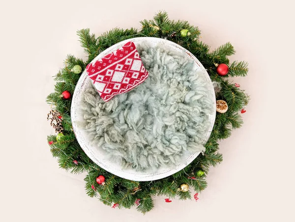 Festive Christmas Furniture Decoration Newborn Baby Photoshoot Fur Xmas Pillow — Stock Photo, Image