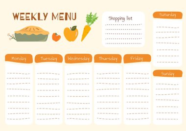 Daily shopping list in vector for every day meal menu. Food planner for healthy nutrition and diet