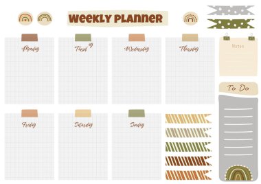 Printable planner template in vector with cartoon rainbow drawings and colorful elements. Daily schedul week calendar with ilustration