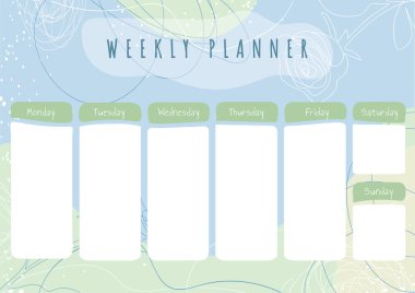 Vektör cinsinden basılabilir haftalık planlayıcı şablonu. Günlük takvim hafta takvimi minimalist biçimdedir