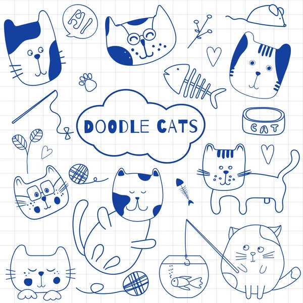Kitty Desenho Animado Gato Conjunto Com Texto Miado Peixe Nas —  Vetores de Stock