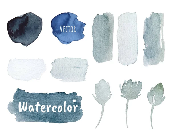 Vackra Blå Akvarell Målningar Med Utstryk Blommor Och Färgprover Vit — Stock vektor