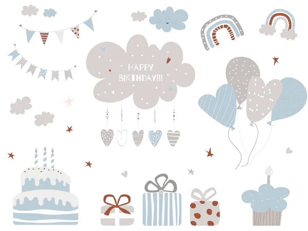 Birthday Vector Illustration Cake Gift Boxes Baloons Cute Decoration Paintings — Stok Vektör