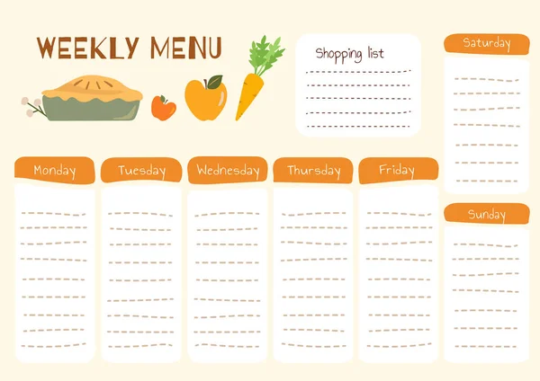 Daily Shopping List Vector Every Day Meal Menu Food Planner — Vector de stock