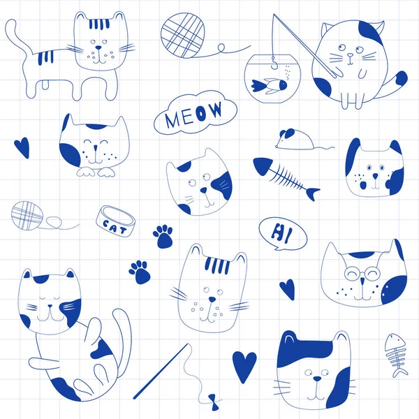 Kitty Kat Cartoon Ontwerp Set Met Miauw Tekst Vis Blauw — Stockvector