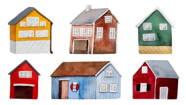 Şirin suluboya evler tasarım seti. Güzel akvaryum evleri kartpostallar için boyanıyor.